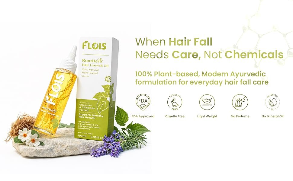 FLOIS RootHerb Hair Growth Oil | Plant-Based Ayurvedic Herbal Hair Oil for Hair Fall Control | 5 Cold-Pressed Oils & 12 Herbs | No Chemicals, No Mineral | Lightweight | Unisex | Free Wooden Comb 100ml